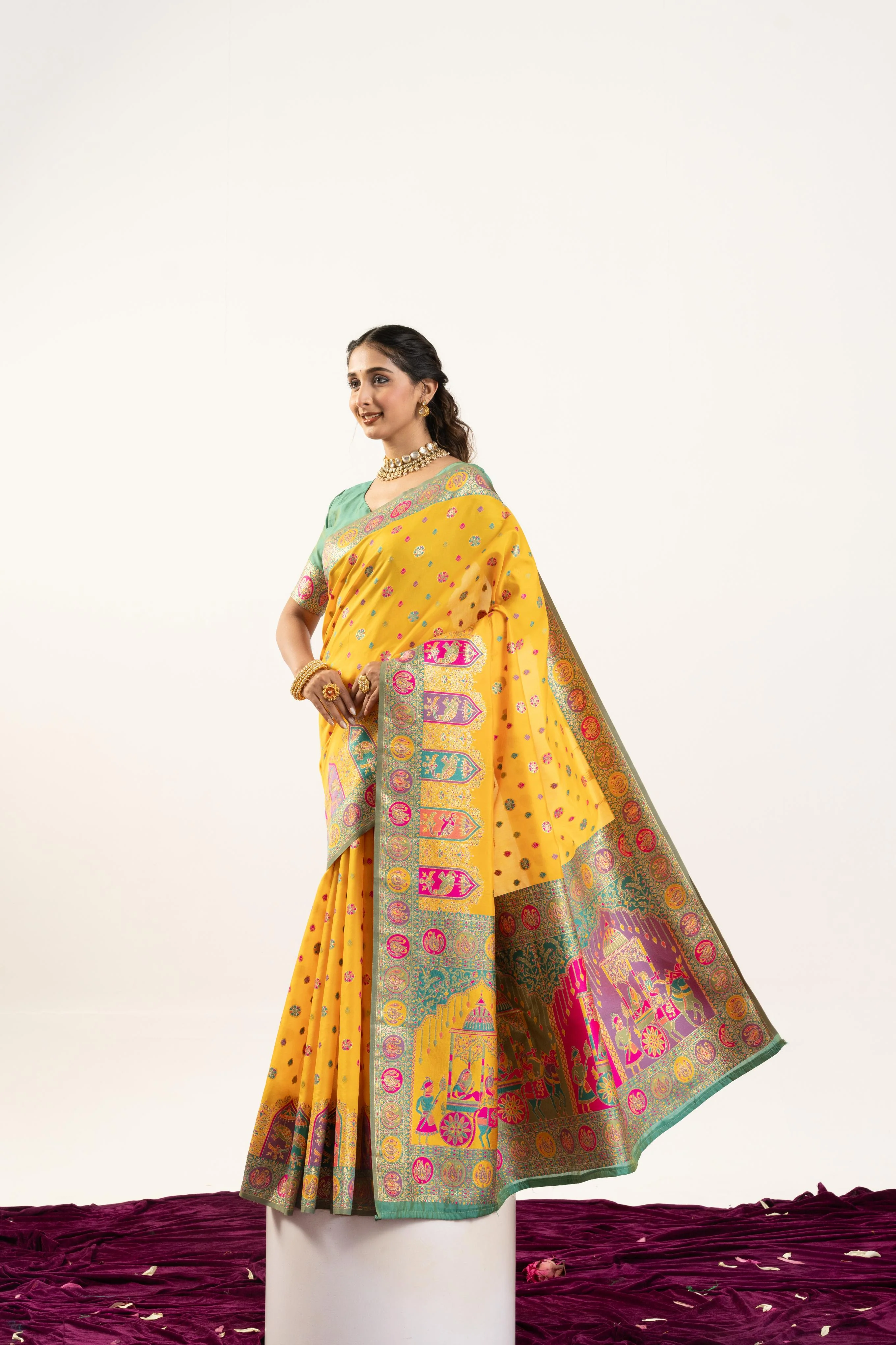 Jyoti Fashion Women's Yellow Banarasi Pashmina Soft Silk Zari Woven Saree with Blouse - Image 3