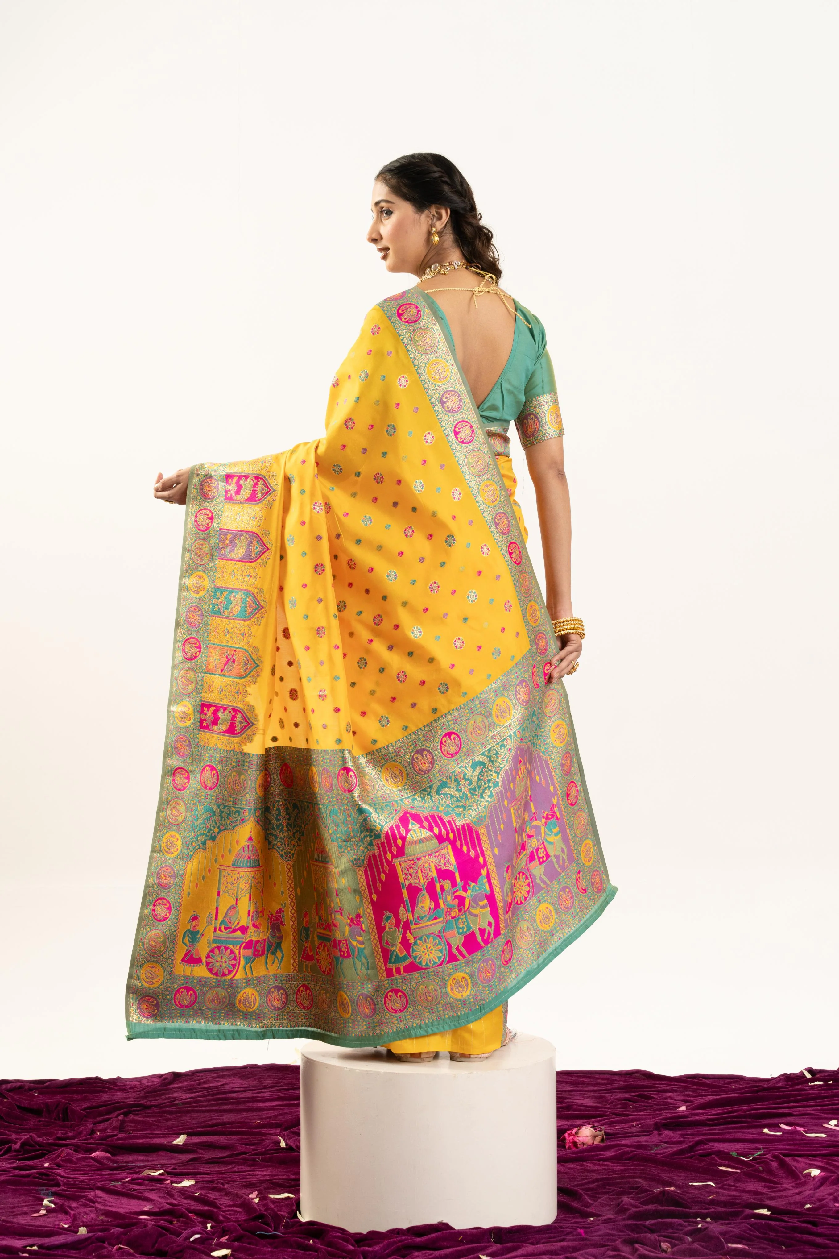Jyoti Fashion Women's Yellow Banarasi Pashmina Soft Silk Zari Woven Saree with Blouse - Image 5