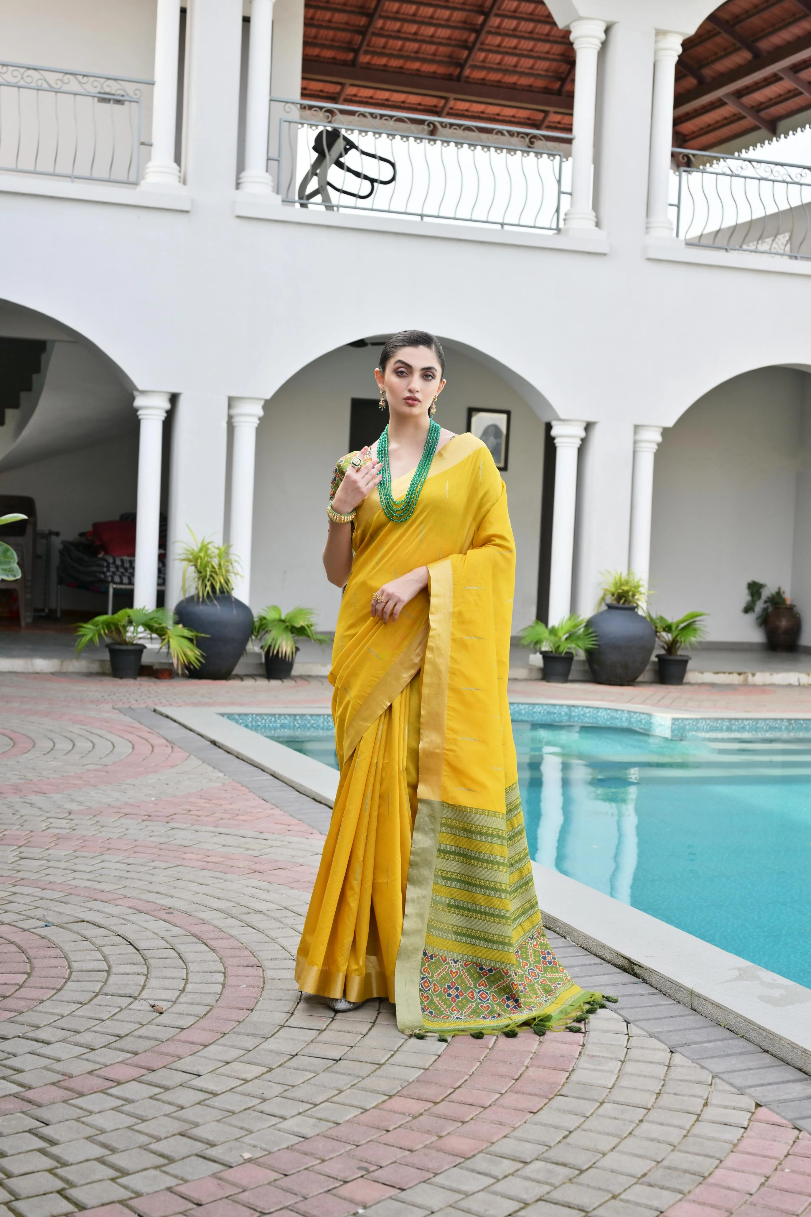 Jyoti Fashion Women's Yellow Khadi Raw Silk Meena Weaving Patola Saree with Blouse