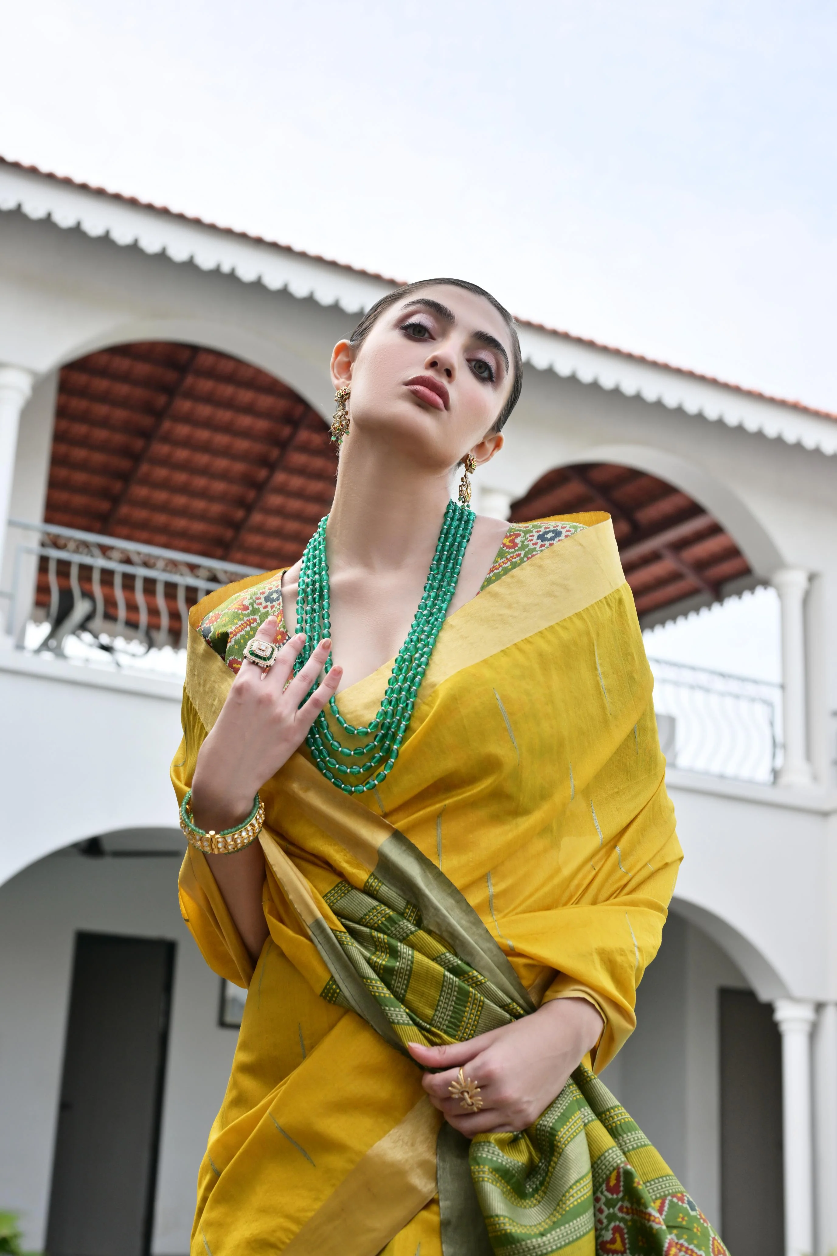 Jyoti Fashion Women's Yellow Khadi Raw Silk Meena Weaving Patola Saree with Blouse - Image 4