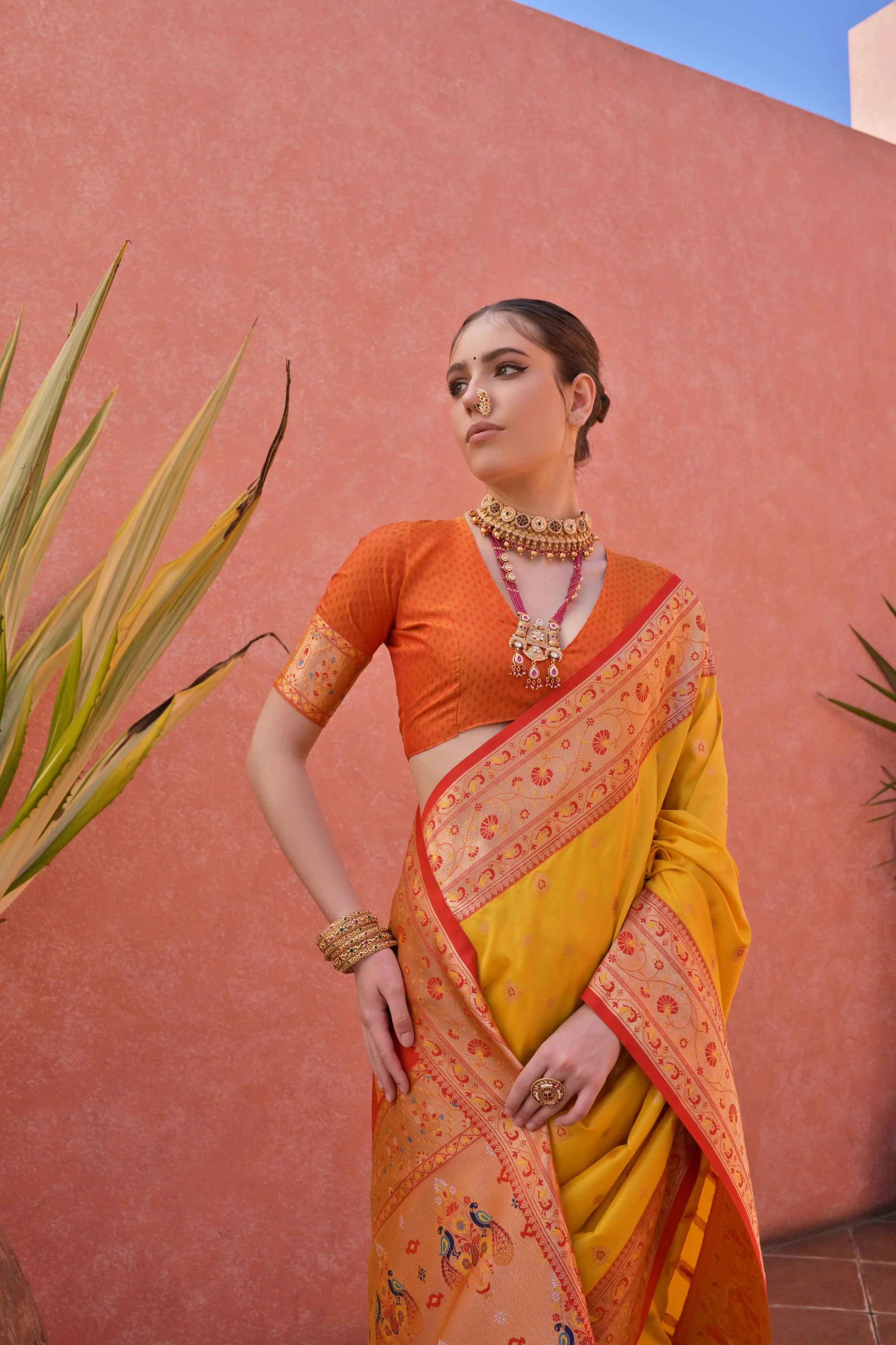 Jyoti Fashion Women's Yellow Paithani Silk Zari Woven Saree with Blouse - Image 2