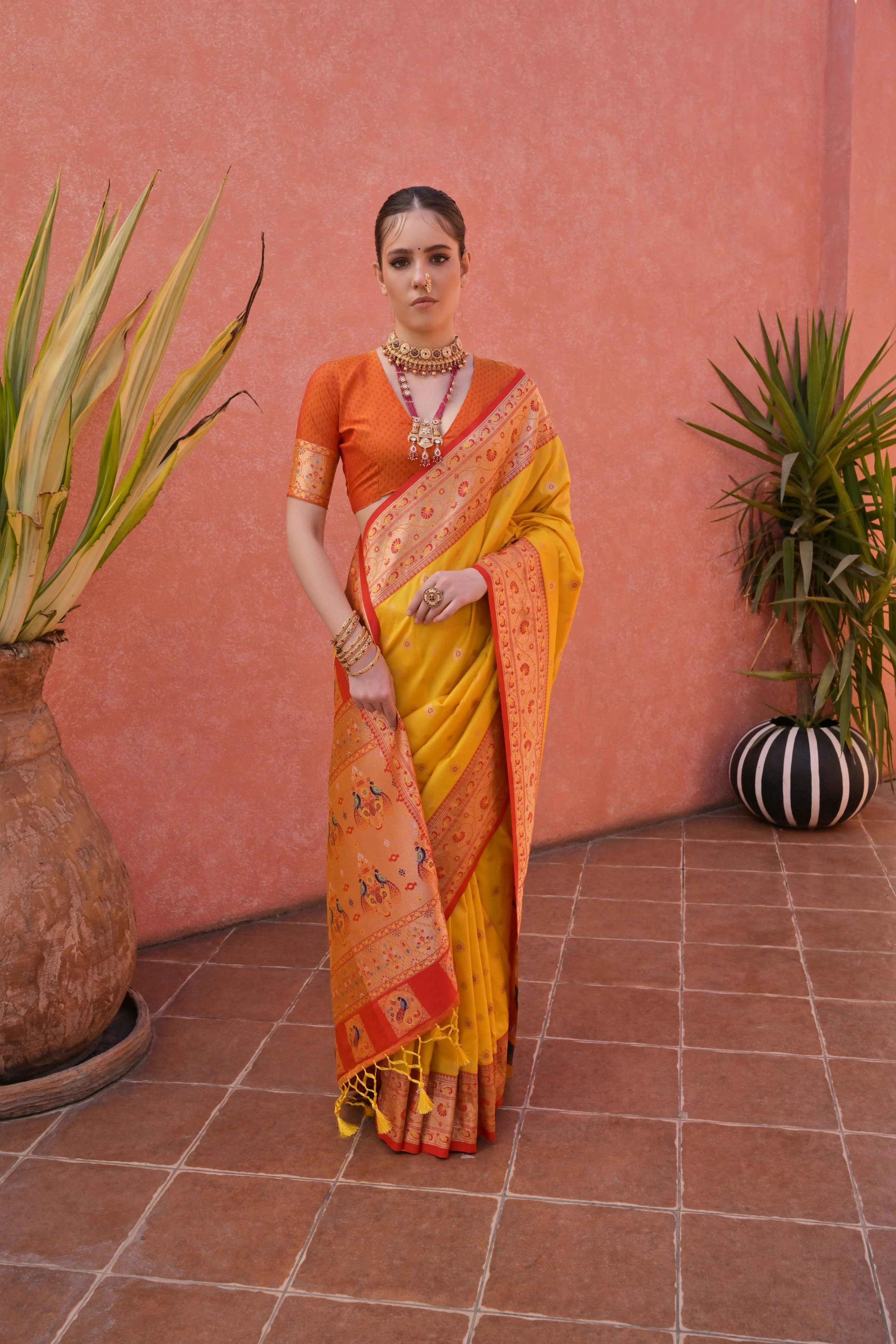 Jyoti Fashion Women's Yellow Paithani Silk Zari Woven Saree with Blouse - Image 3