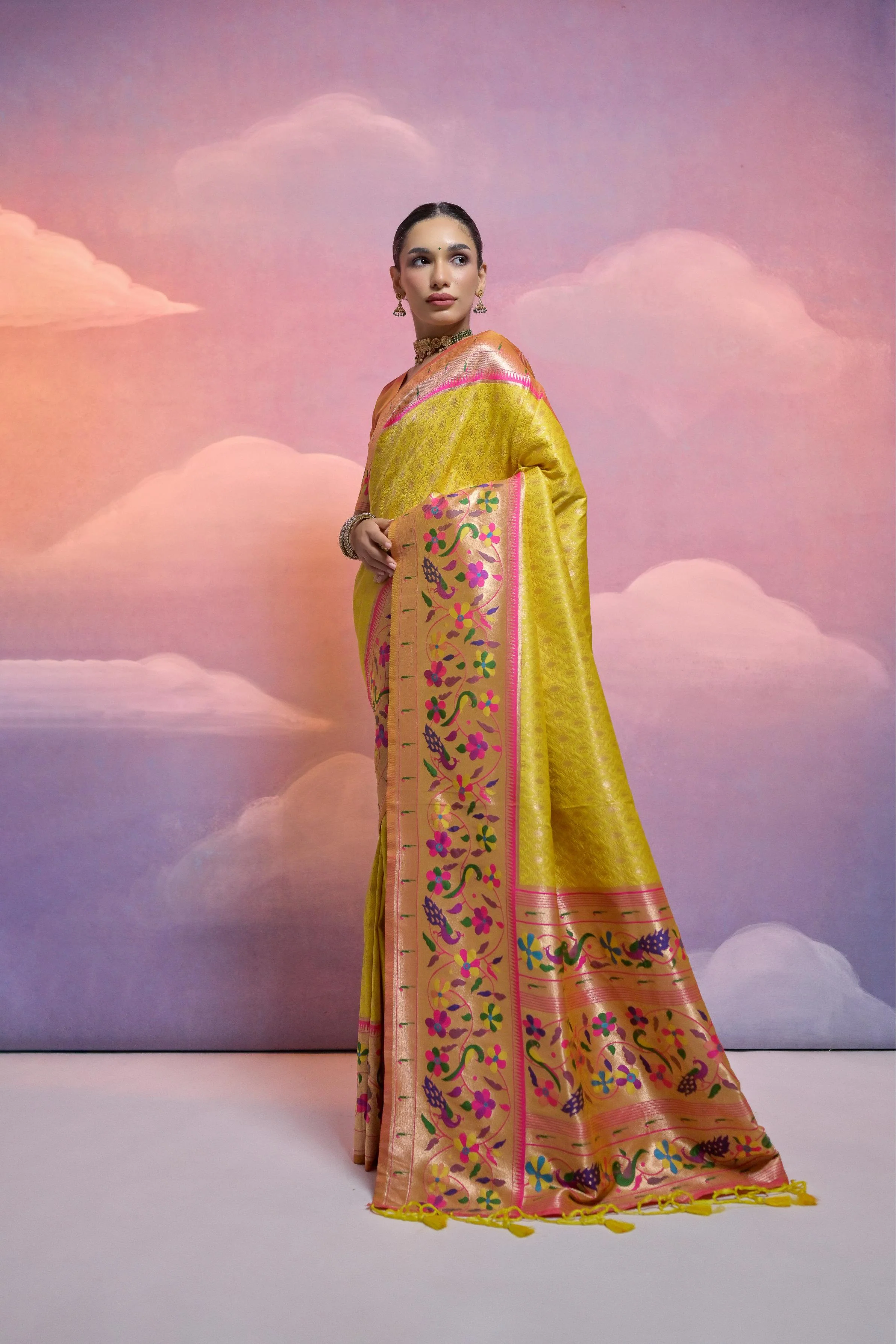 Jyoti Fashion Women's Yellow Paithani Silk Zari Woven Saree with Blouse - Image 2