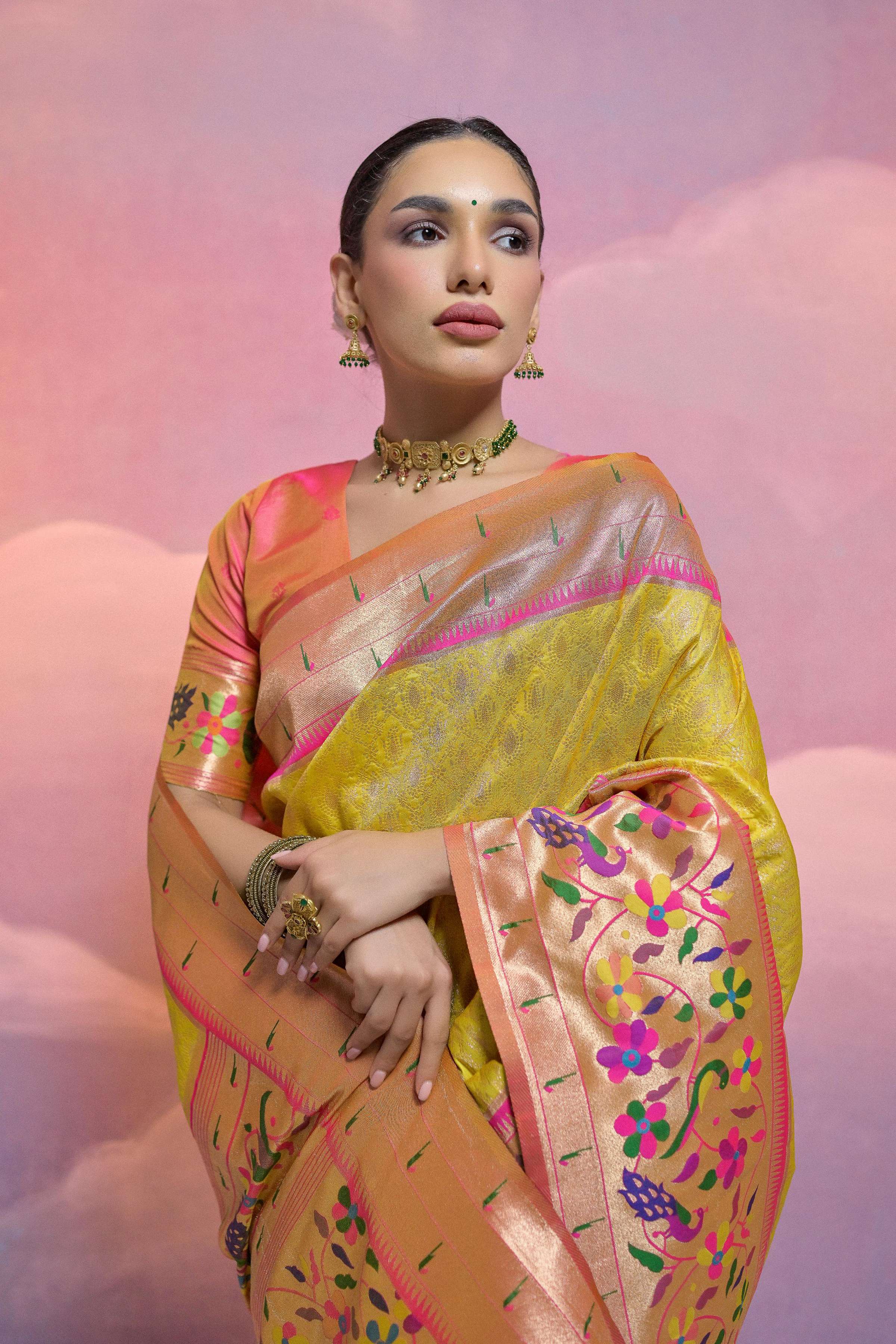 Jyoti Fashion Women's Yellow Paithani Silk Zari Woven Saree with Blouse - Image 3