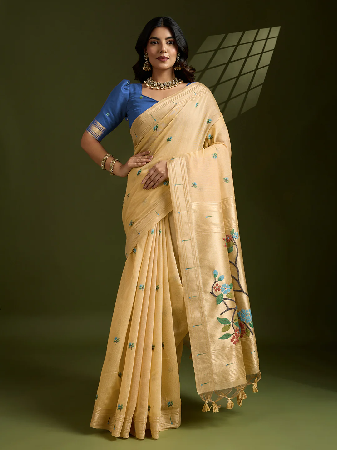 Jyoti Fashion Women's Yellow Soft Muga Cotton Paithani Zari Woven Saree with Blouse - Image 2