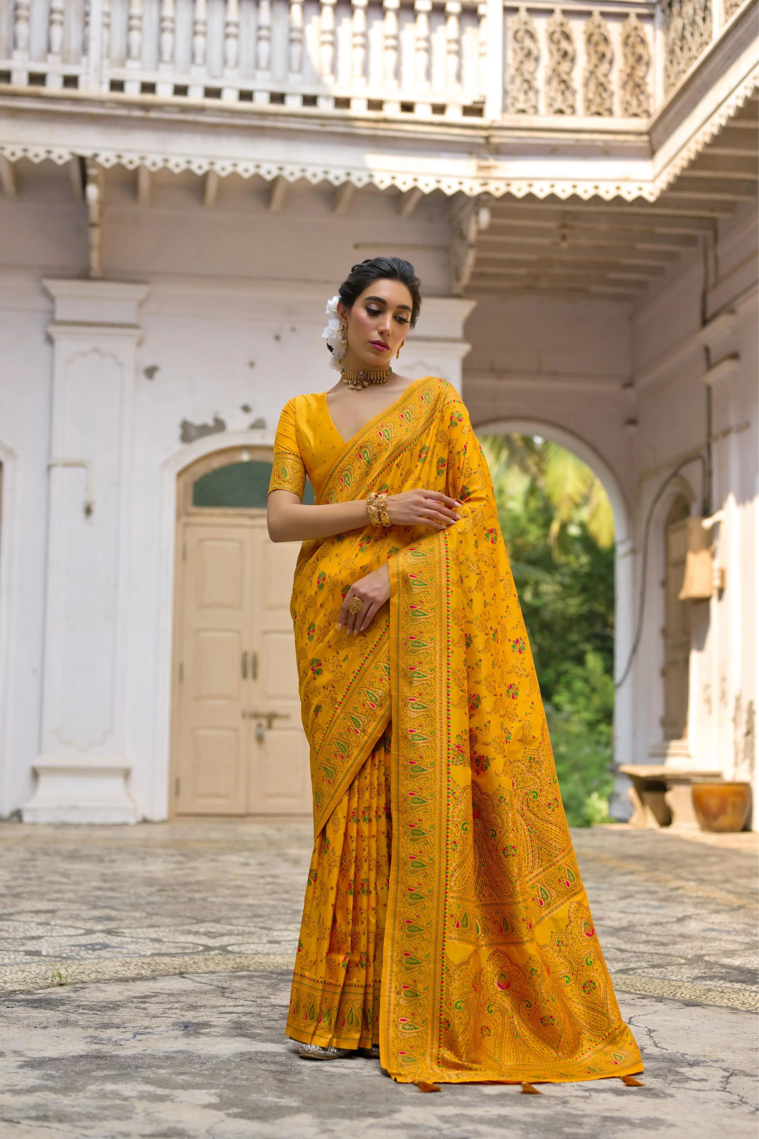 Jyoti Fashion Women's Yellow Soft Pashmina Silk Meena Zari Woven Saree with Blouse - Image 2