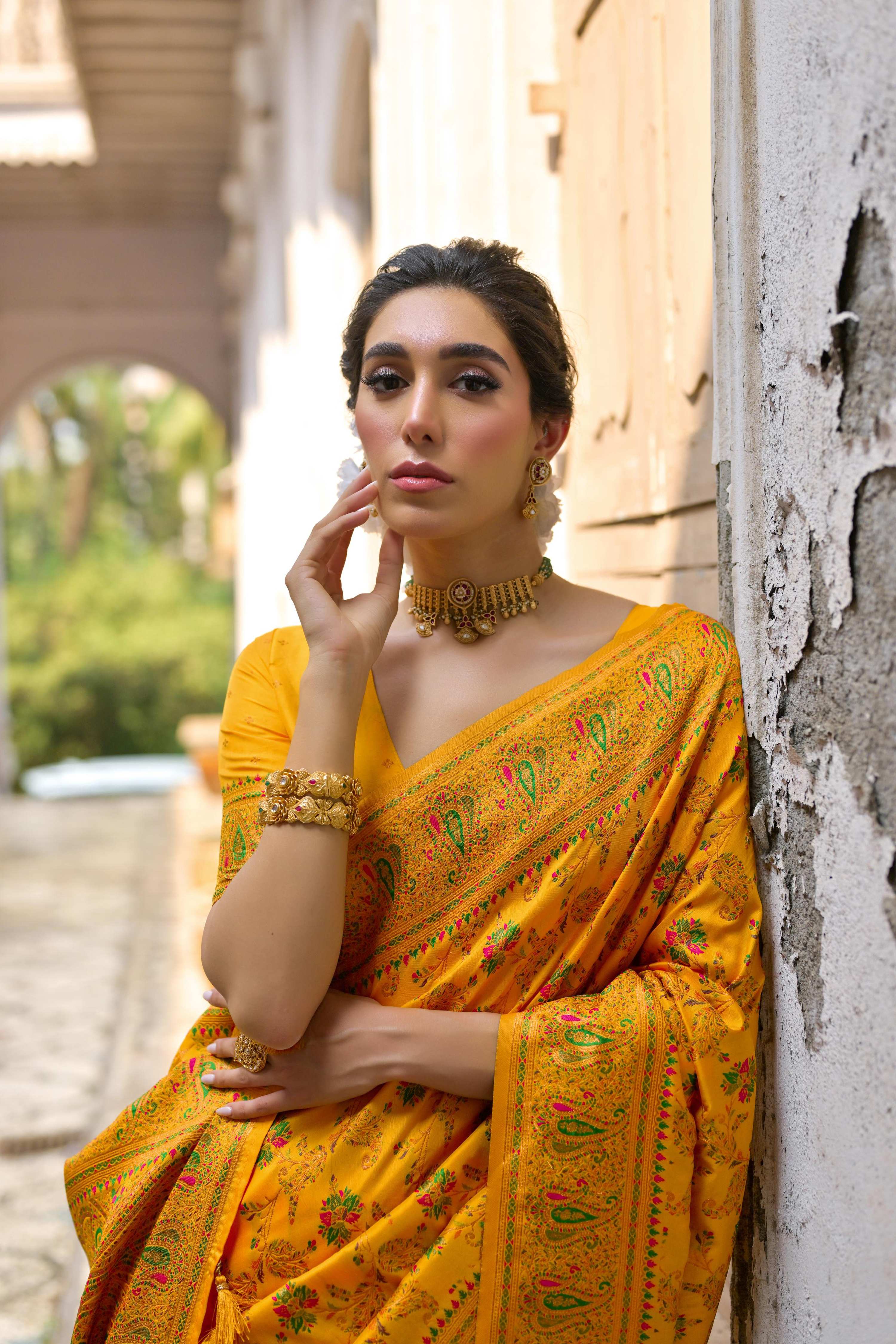 Jyoti Fashion Women's Yellow Soft Pashmina Silk Meena Zari Woven Saree with Blouse - Image 3