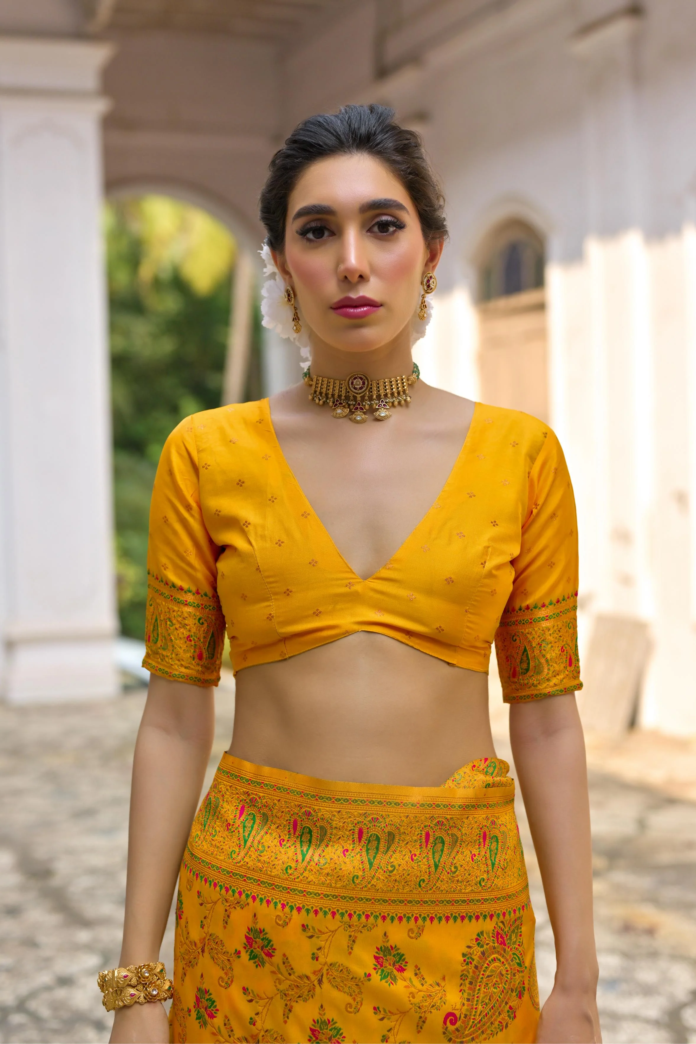 Jyoti Fashion Women's Yellow Soft Pashmina Silk Meena Zari Woven Saree with Blouse - Image 4