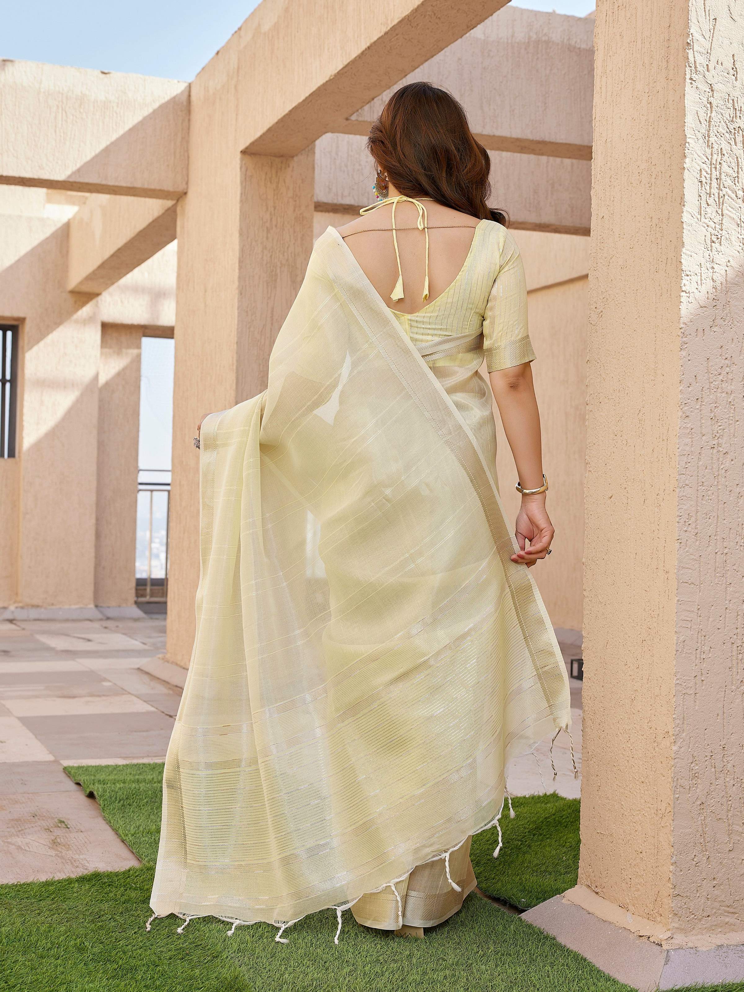 Jyoti Fashion Women's Yellow Soft Tissue Linen Silk Zari Woven Saree with Blouse - Image 4