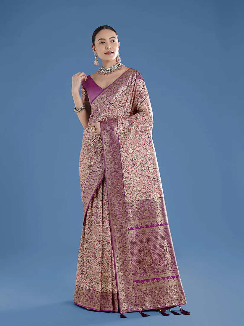 Monjolika Fashion Beige Banarasi Silk Saree With Traditional Paisley Weaves - Image 3