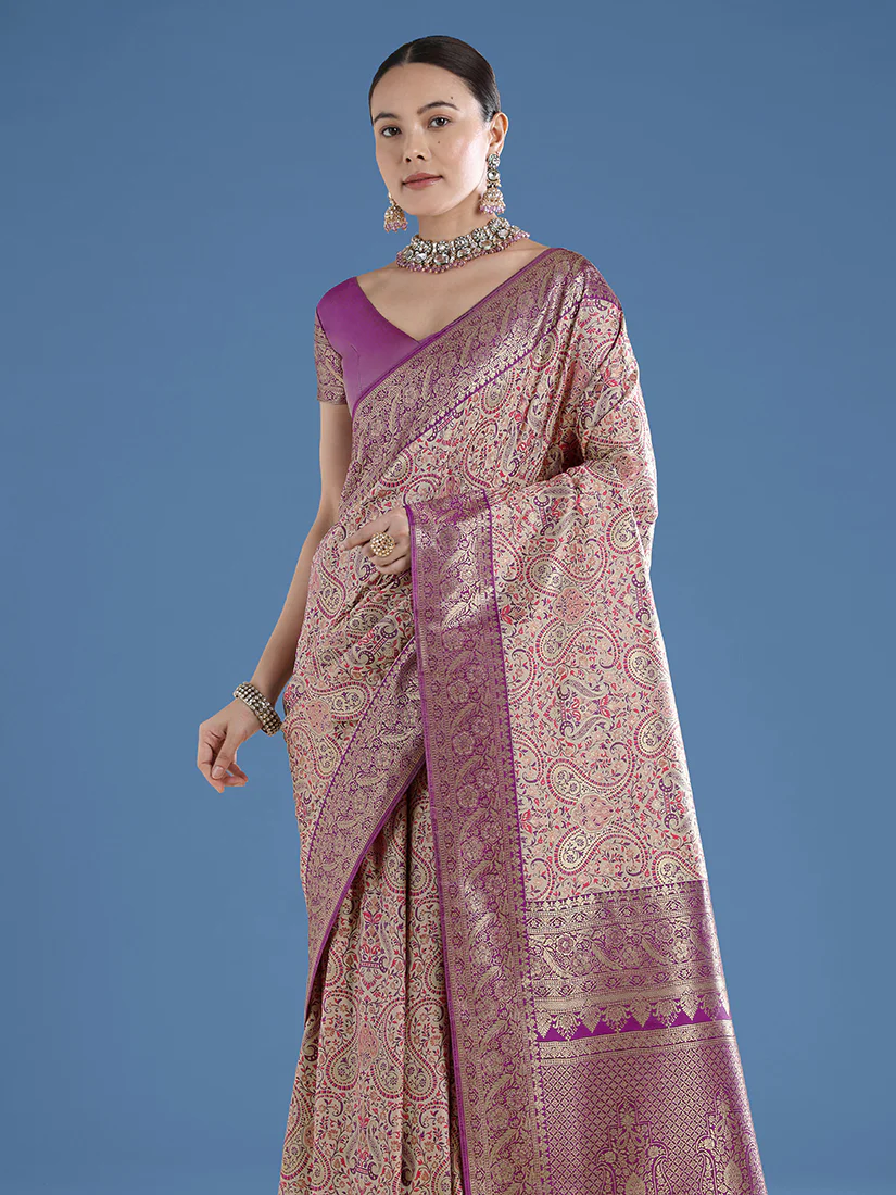 Monjolika Fashion Beige Banarasi Silk Saree With Traditional Paisley Weaves - Image 5