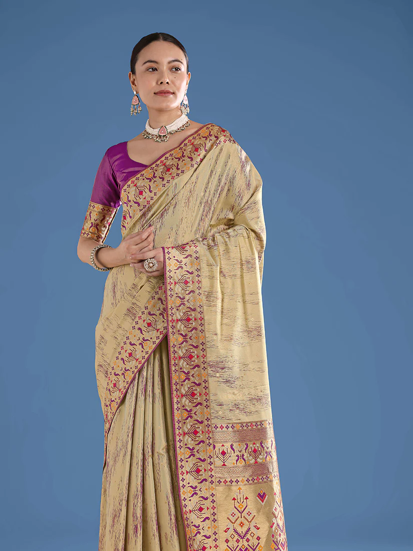 Monjolika Fashion Beige Color Banarasi Tissue Silk Paithani Woven Saree - Image 2