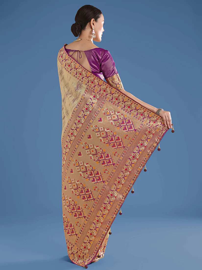 Monjolika Fashion Beige Color Banarasi Tissue Silk Paithani Woven Saree - Image 5