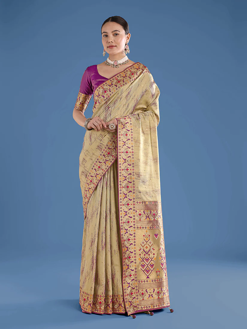 Monjolika Fashion Beige Color Banarasi Tissue Silk Paithani Woven Saree - Image 6