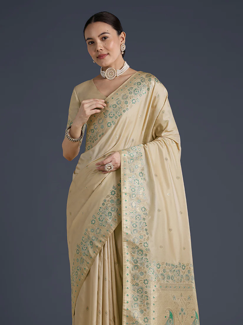 Monjolika Fashion Cream Banarasi Satin Silk Saree With Zari Border And Butti Work - Image 2