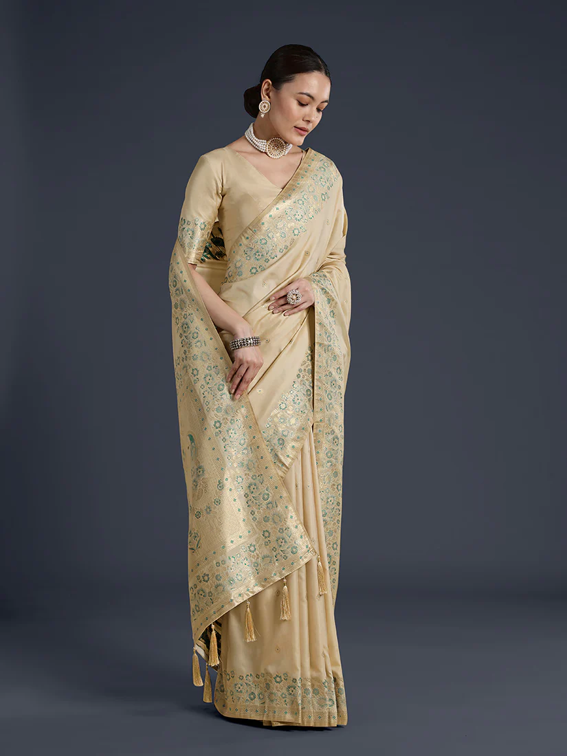 Monjolika Fashion Cream Banarasi Satin Silk Saree With Zari Border And Butti Work - Image 3