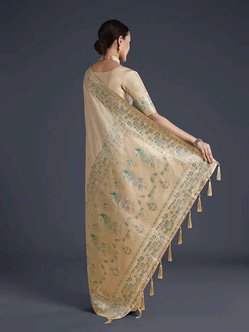 Monjolika Fashion Cream Banarasi Satin Silk Saree With Zari Border And Butti Work - Image 4