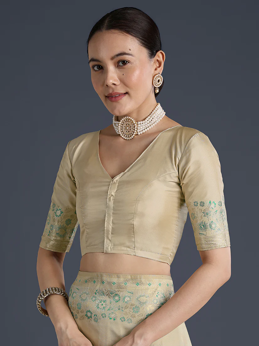 Monjolika Fashion Cream Banarasi Satin Silk Saree With Zari Border And Butti Work - Image 5