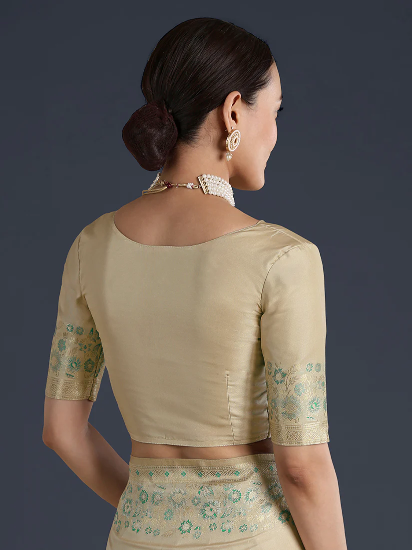 Monjolika Fashion Cream Banarasi Satin Silk Saree With Zari Border And Butti Work - Image 6