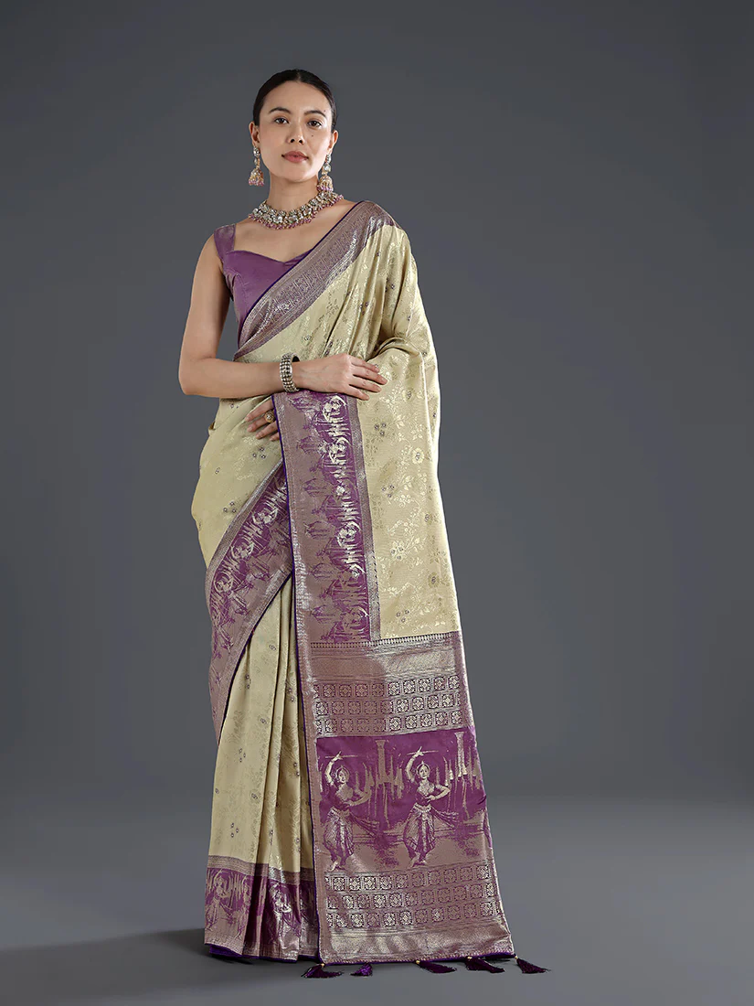 Monjolika Fashion Cream Banarasi Silk Saree With Zari Woven Design - Image 2