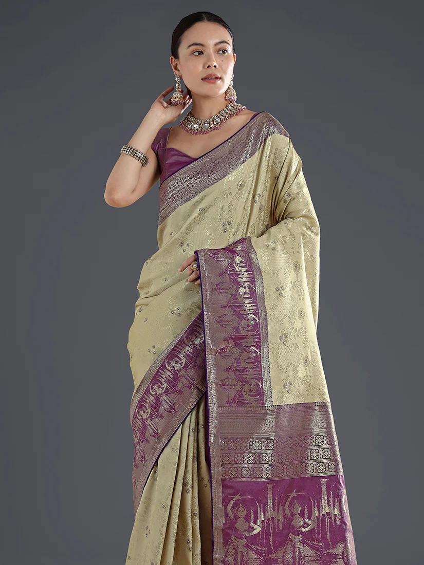 Monjolika Fashion Cream Banarasi Silk Saree With Zari Woven Design - Image 3