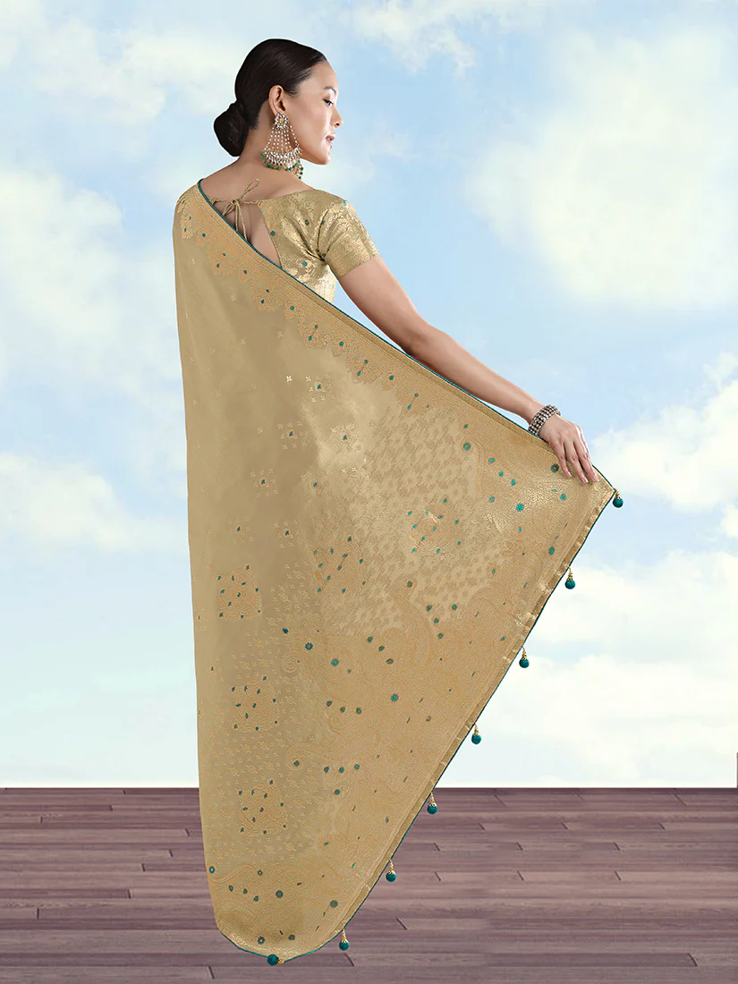 Monjolika Fashion Cream Color Paisley Zari Woven Banarasi Tissue Silk Saree - Image 3