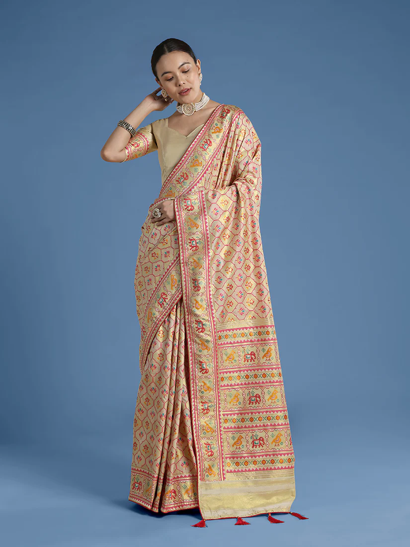 Monjolika Fashion Cream Satin Silk Saree With Patola Work And Elephant Motifs - Image 2