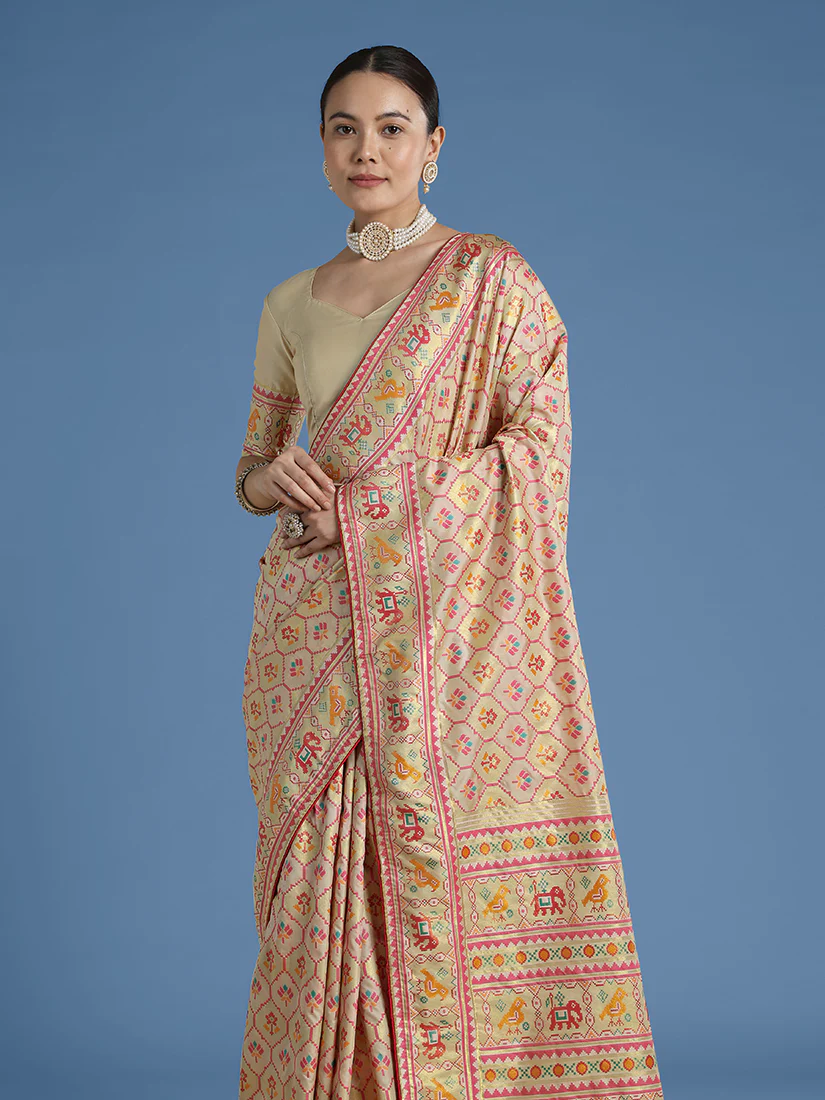 Monjolika Fashion Cream Satin Silk Saree With Patola Work And Elephant Motifs - Image 3