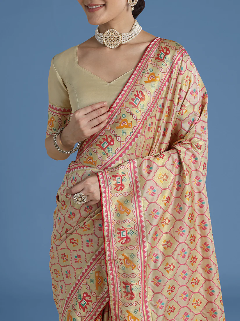 Monjolika Fashion Cream Satin Silk Saree With Patola Work And Elephant Motifs - Image 4