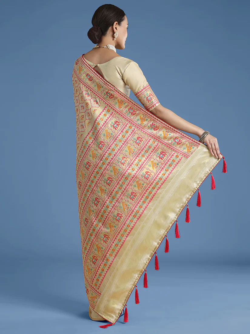 Monjolika Fashion Cream Satin Silk Saree With Patola Work And Elephant Motifs - Image 5