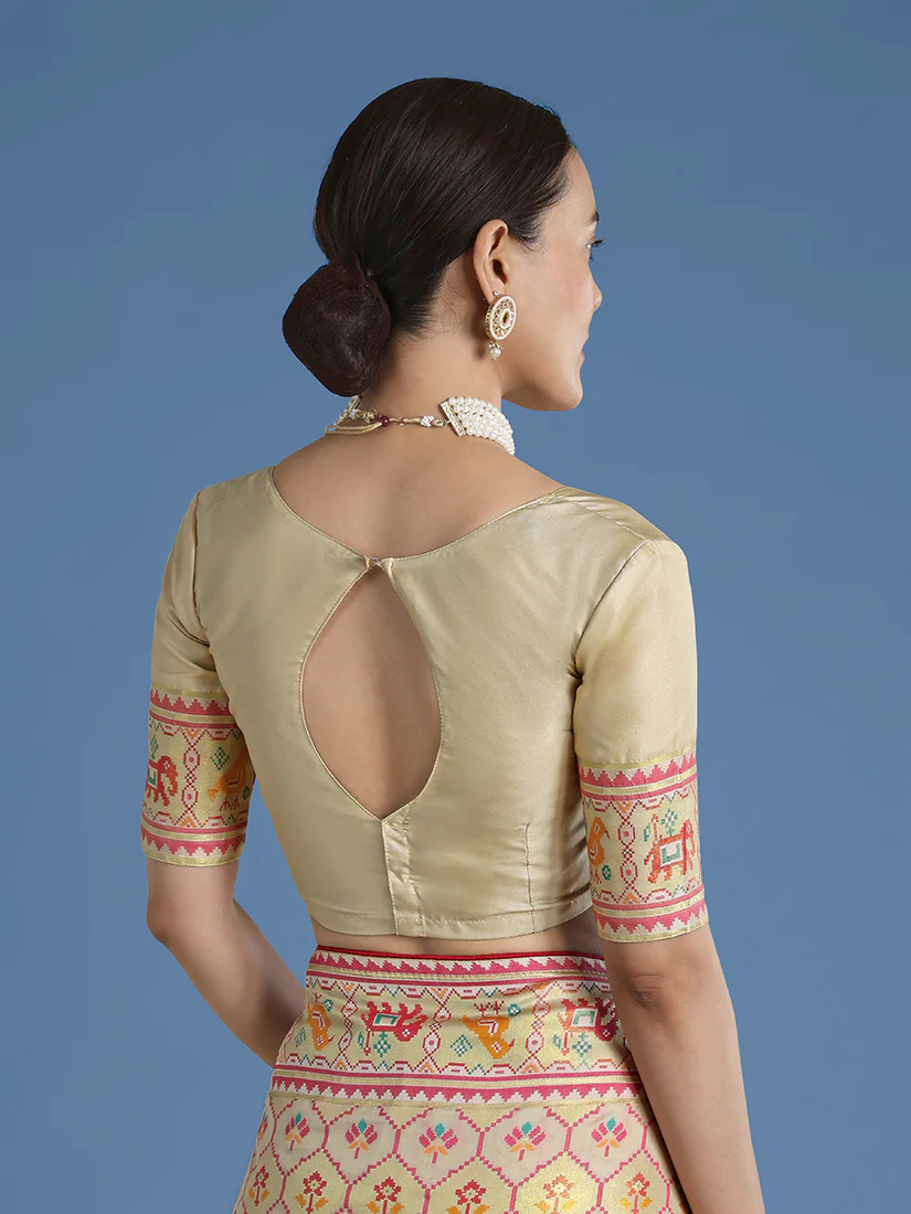 Monjolika Fashion Cream Satin Silk Saree With Patola Work And Elephant Motifs - Image 6