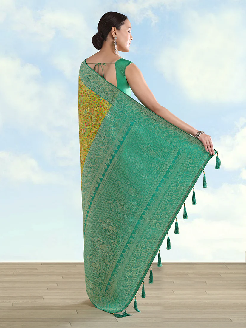 Monjolika Fashion Lemon Green Banarasi Silk Saree With Traditional Paisley Weaves - Image 2