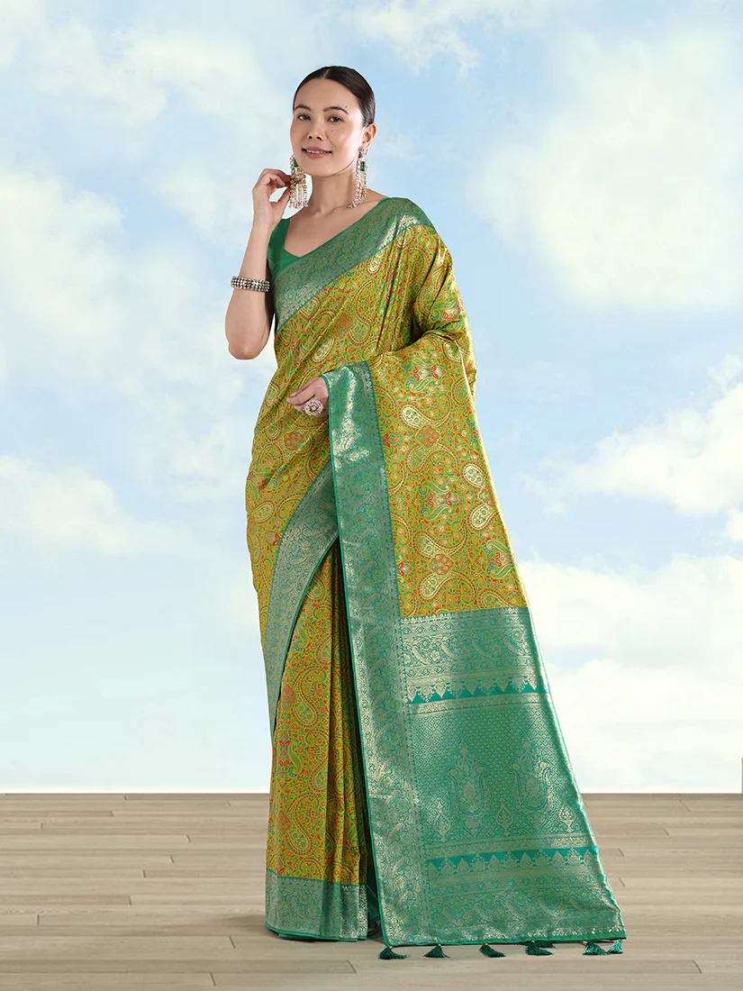 Monjolika Fashion Lemon Green Banarasi Silk Saree With Traditional Paisley Weaves - Image 3
