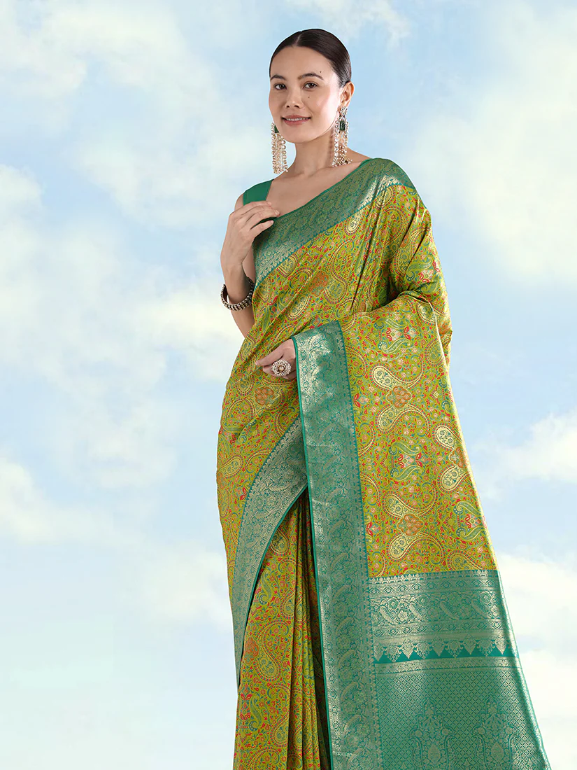 Monjolika Fashion Lemon Green Banarasi Silk Saree With Traditional Paisley Weaves - Image 4