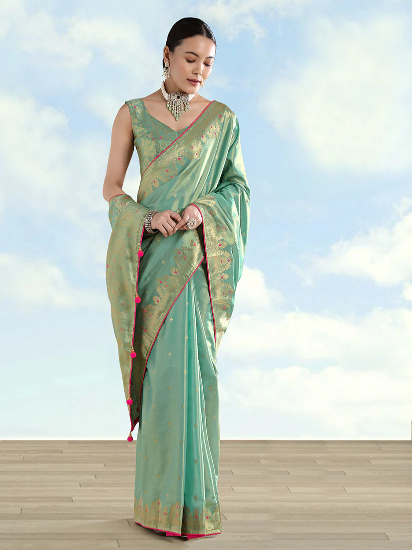 Monjolika Fashion Light Blue Color Paisley Zari Woven Banarasi Tissue Silk Saree - Image 3