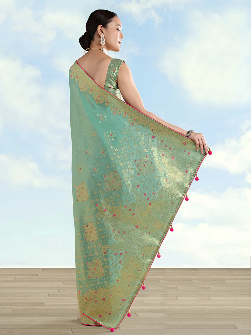 Monjolika Fashion Light Blue Color Paisley Zari Woven Banarasi Tissue Silk Saree - Image 4