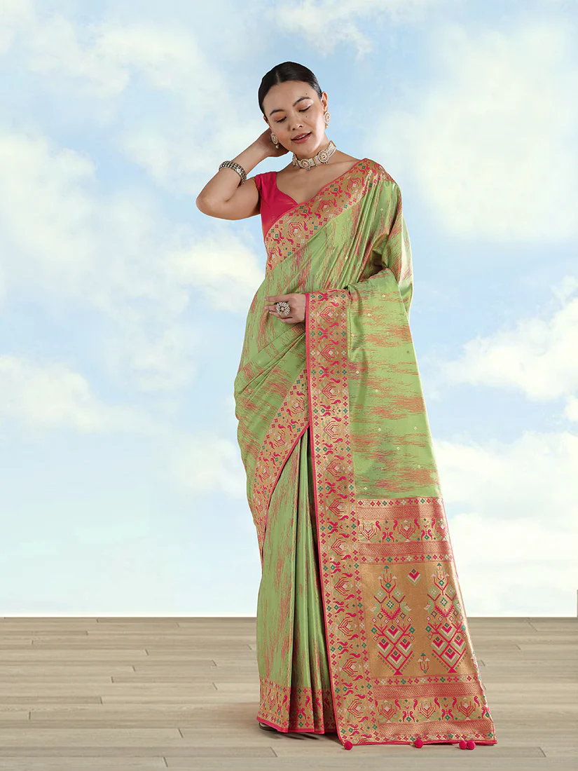 Monjolika Fashion Light Green Color Banarasi Tissue Silk Paithani Woven Saree - Image 2