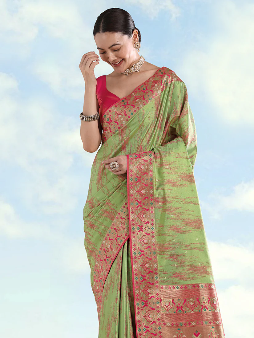 Monjolika Fashion Light Green Color Banarasi Tissue Silk Paithani Woven Saree - Image 6