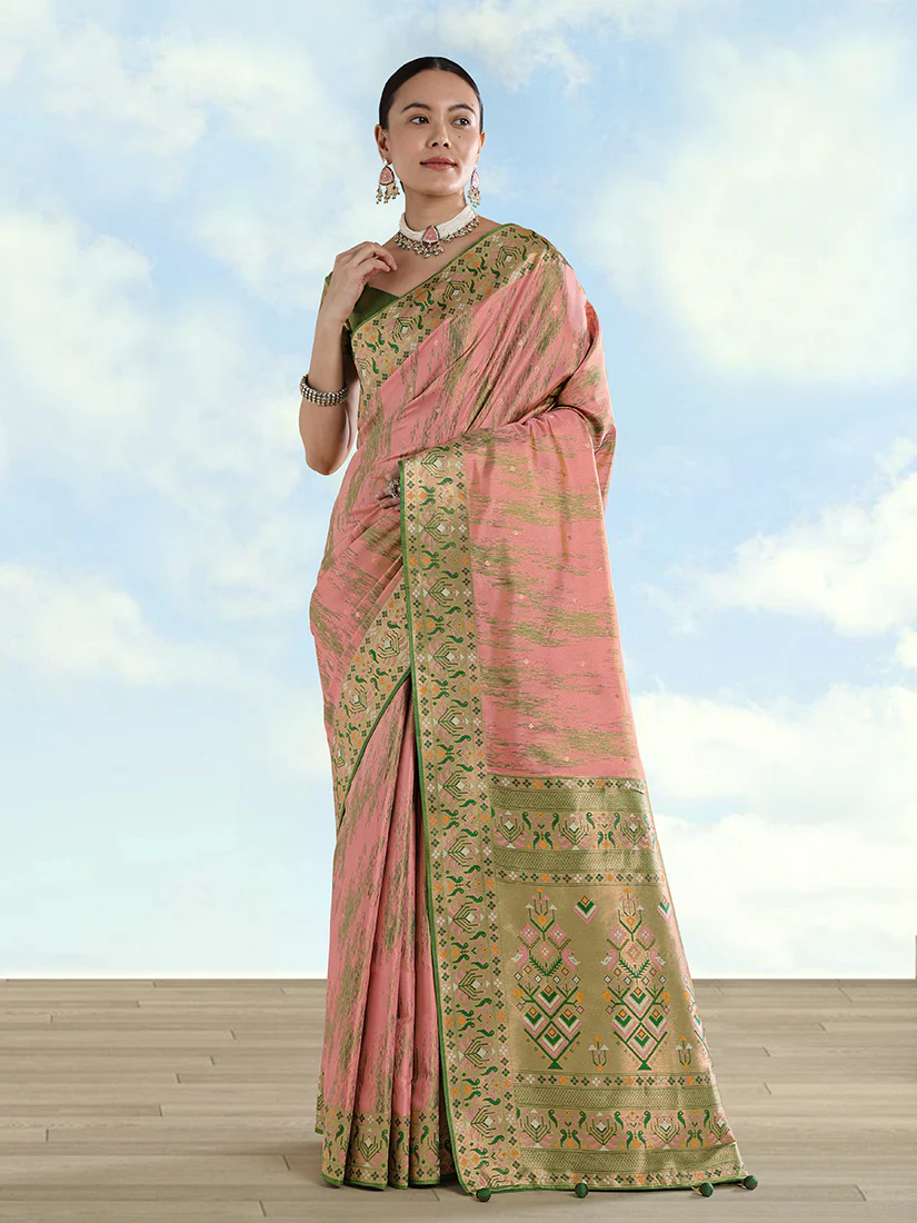 Monjolika Fashion Light Pink Color Banarasi Tissue Silk Paithani Woven Saree - Image 2
