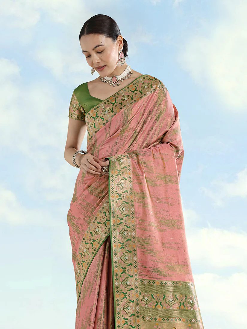 Monjolika Fashion Light Pink Color Banarasi Tissue Silk Paithani Woven Saree - Image 3