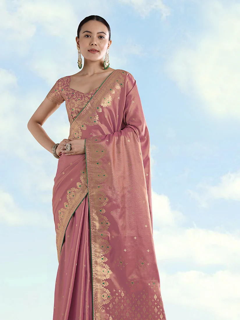 Monjolika Fashion Light Pink Color Paisley Zari Woven Banarasi Tissue Silk Saree - Image 3
