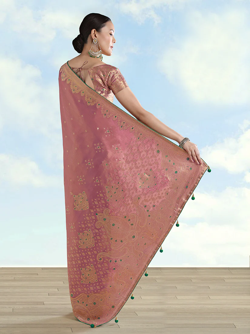 Monjolika Fashion Light Pink Color Paisley Zari Woven Banarasi Tissue Silk Saree - Image 5