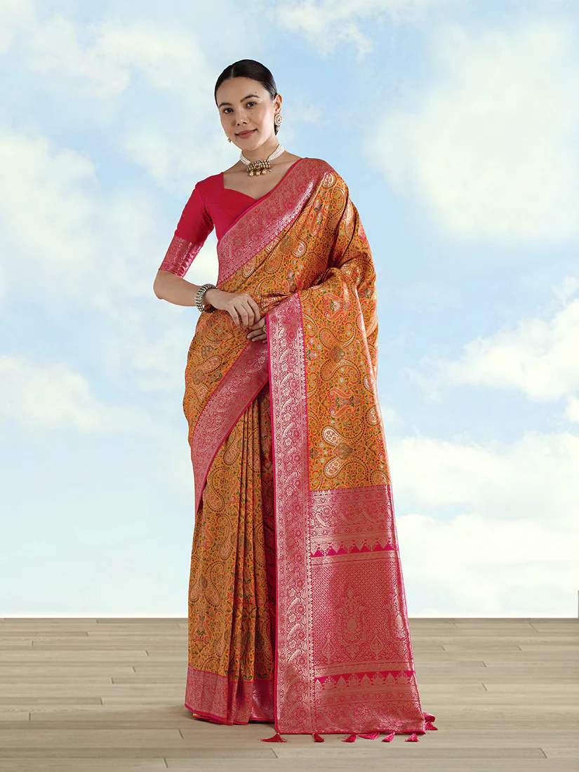 Monjolika Fashion Mustard Banarasi Silk Saree With Traditional Paisley Weaves