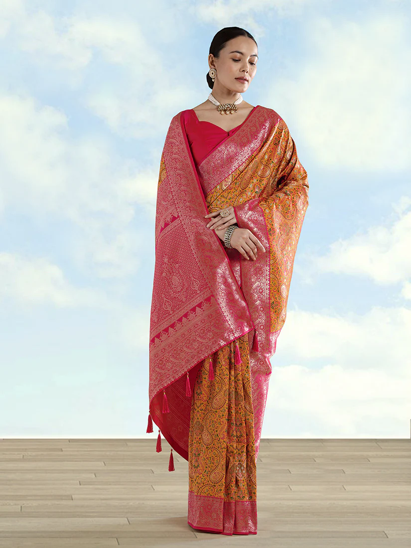 Monjolika Fashion Mustard Banarasi Silk Saree With Traditional Paisley Weaves - Image 2