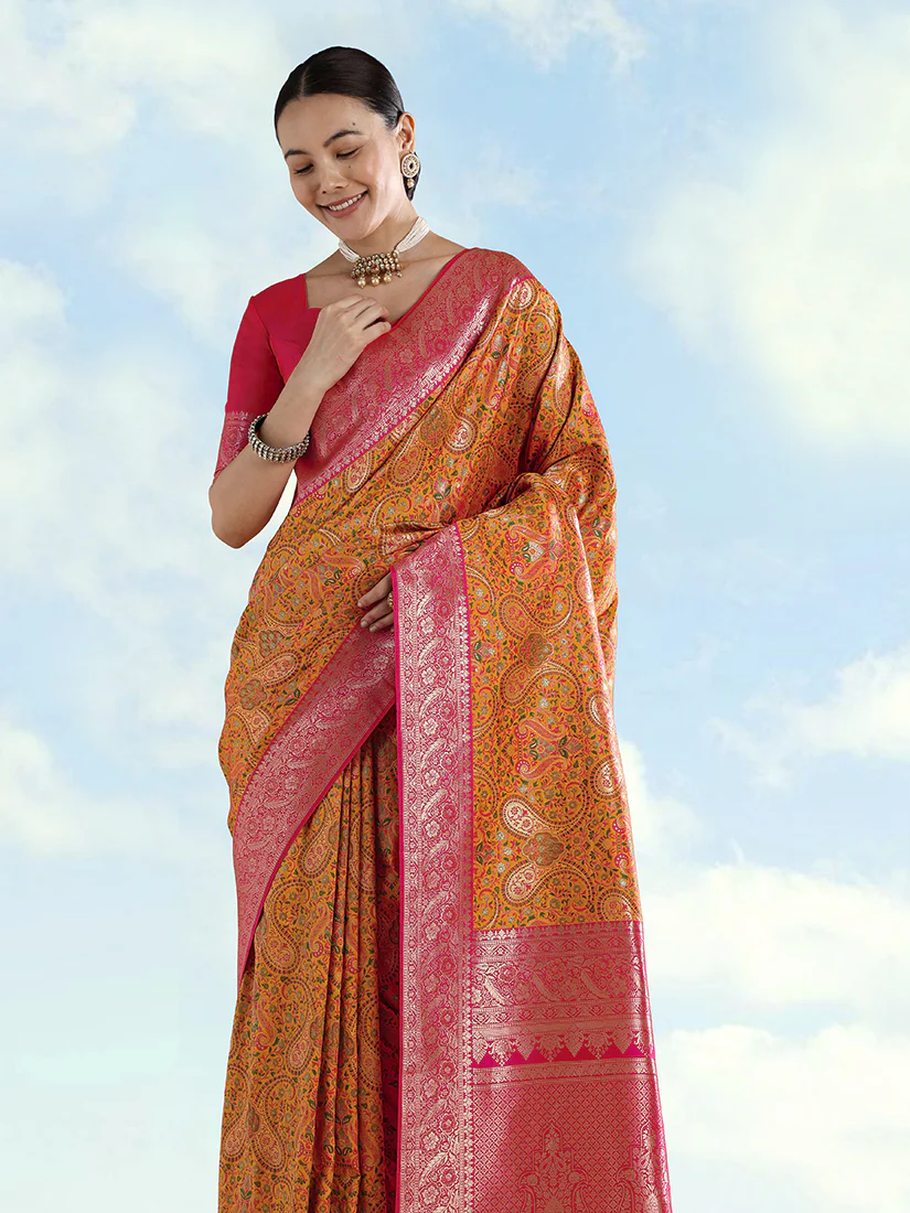 Monjolika Fashion Mustard Banarasi Silk Saree With Traditional Paisley Weaves - Image 3