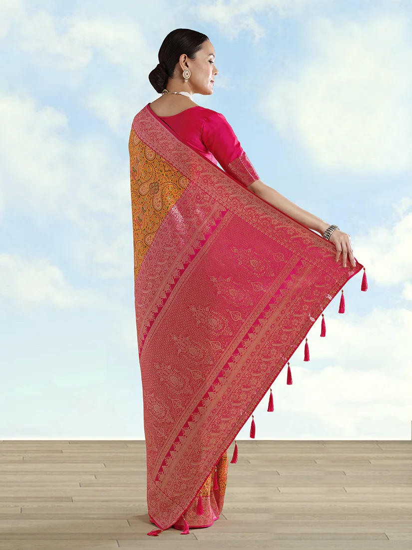 Monjolika Fashion Mustard Banarasi Silk Saree With Traditional Paisley Weaves - Image 5