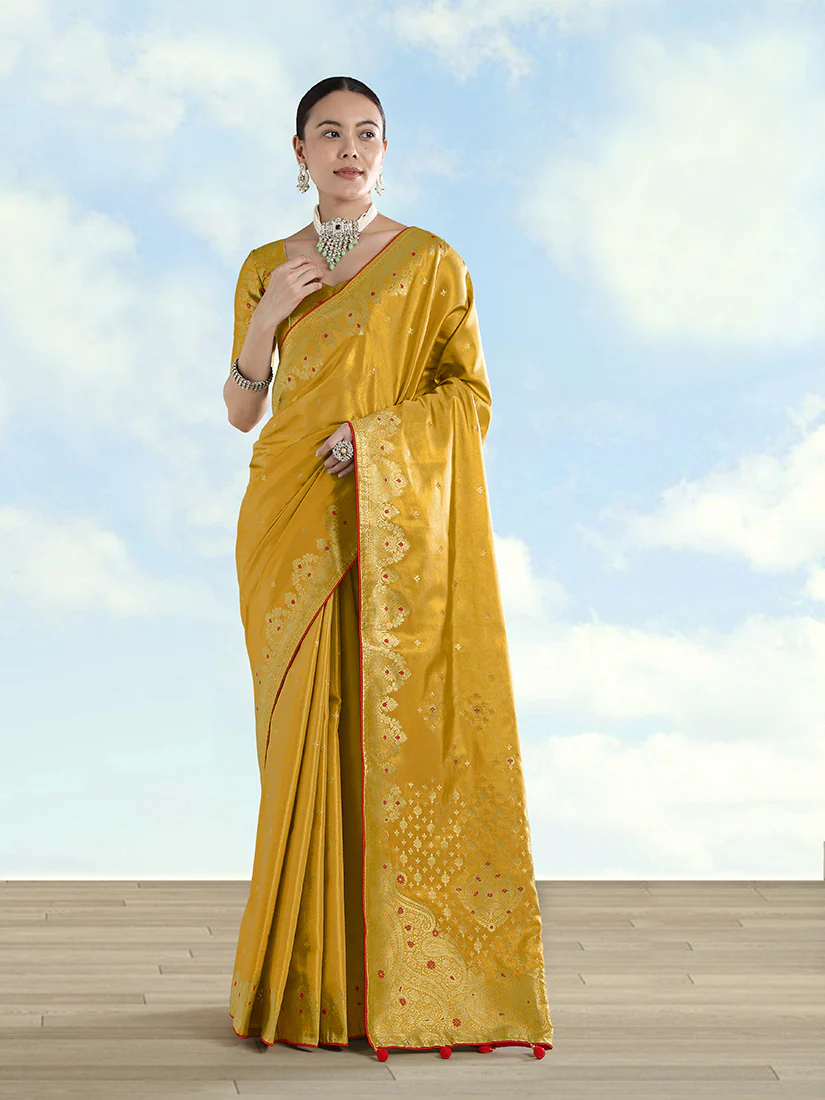 Monjolika Fashion Mustard Color Paisley Zari Woven Banarasi Tissue Silk Saree