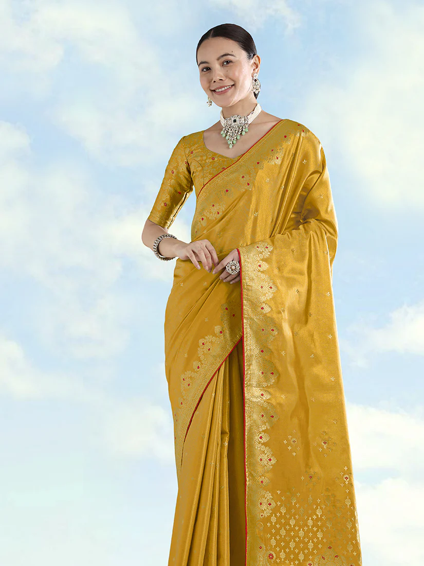 Monjolika Fashion Mustard Color Paisley Zari Woven Banarasi Tissue Silk Saree - Image 2