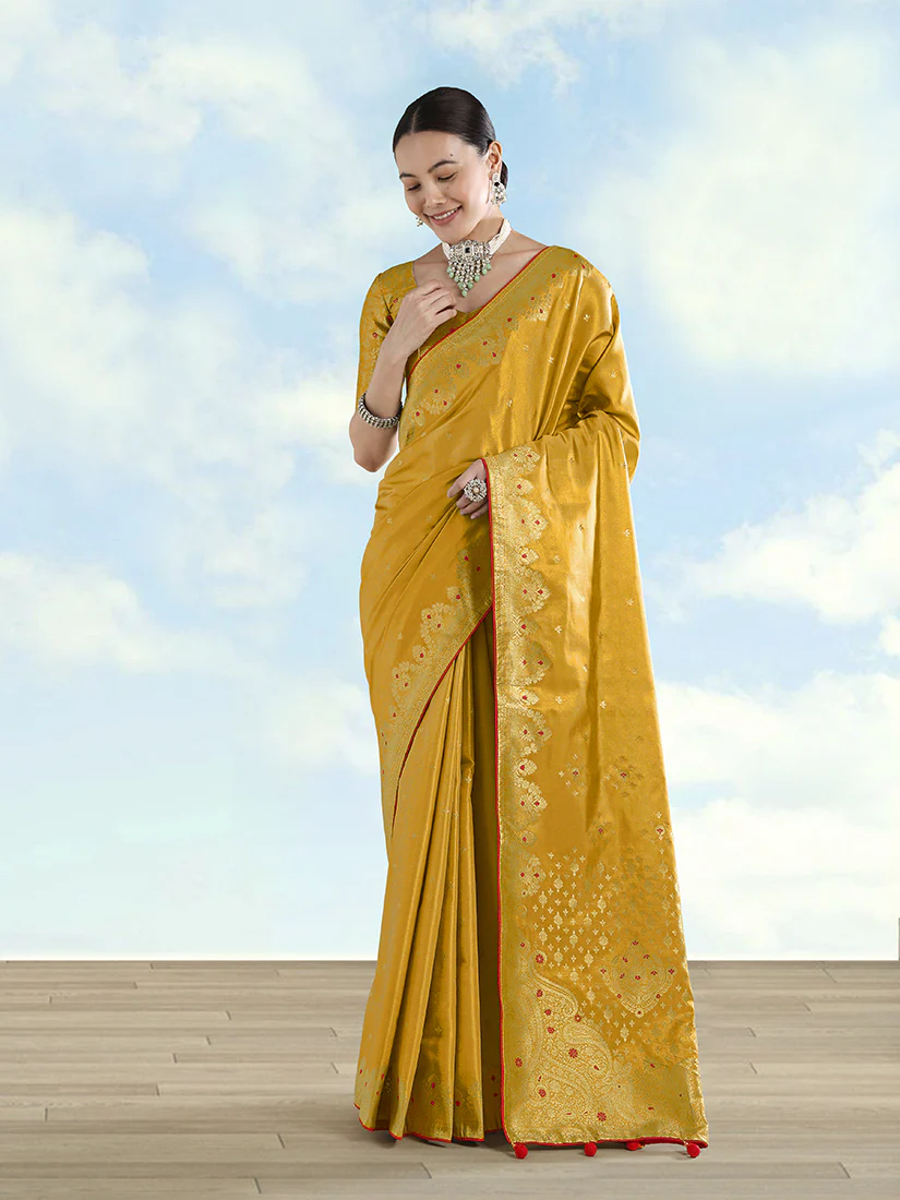 Monjolika Fashion Mustard Color Paisley Zari Woven Banarasi Tissue Silk Saree - Image 3