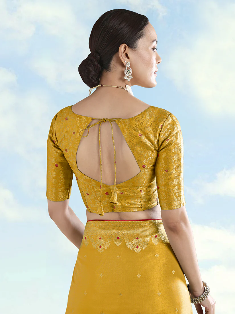 Monjolika Fashion Mustard Color Paisley Zari Woven Banarasi Tissue Silk Saree - Image 6